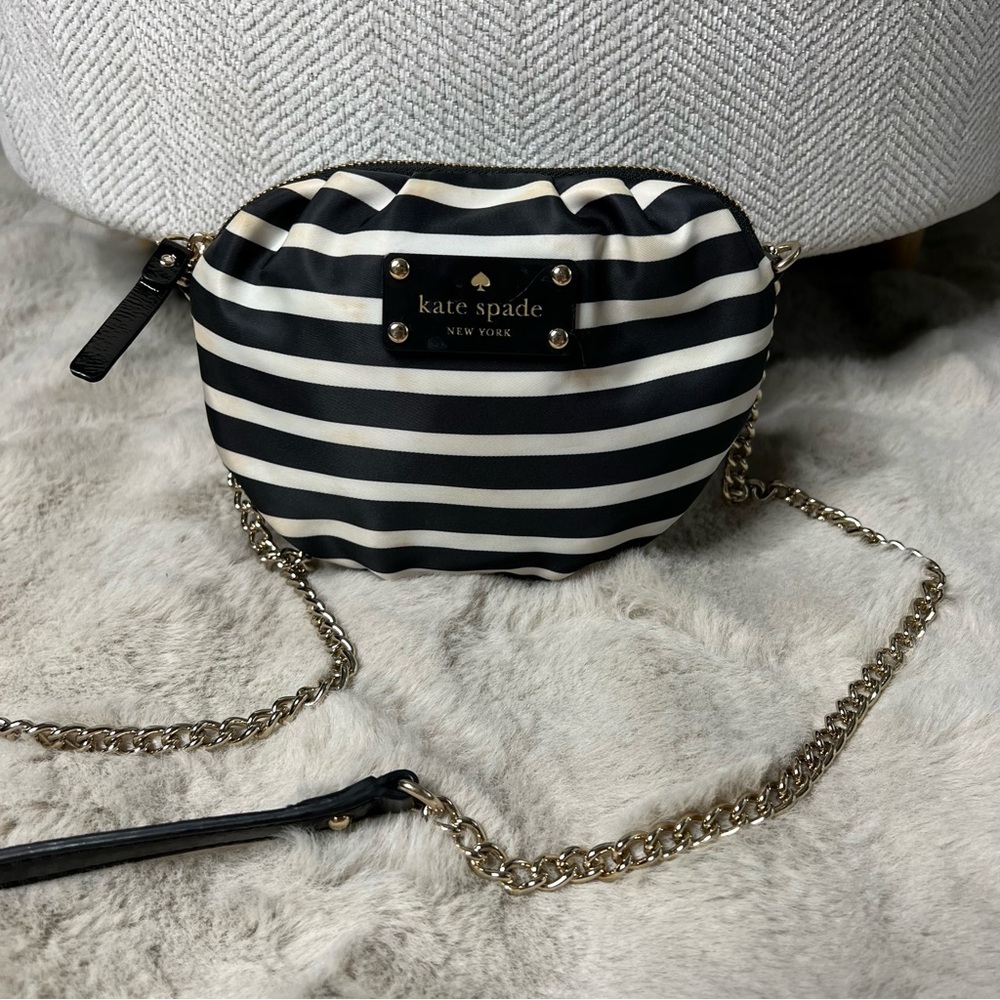 Kate Spade Black‎ White Stripe Satin Crossbody Bag Chain Strap Small Purse